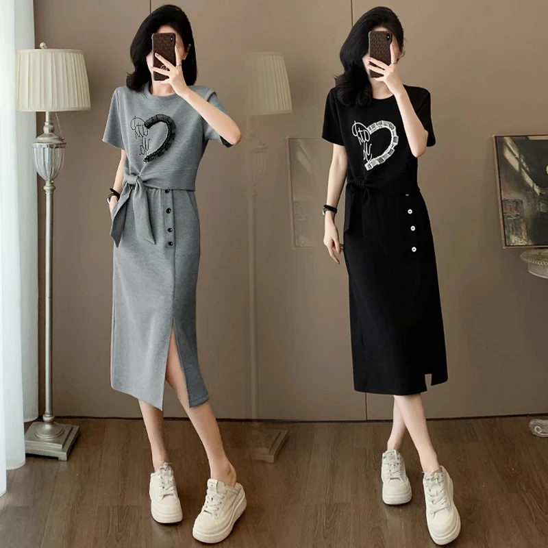 今年流行休闲运动套装裙女夏季2025新款绣花拼接短袖半身裙两件套