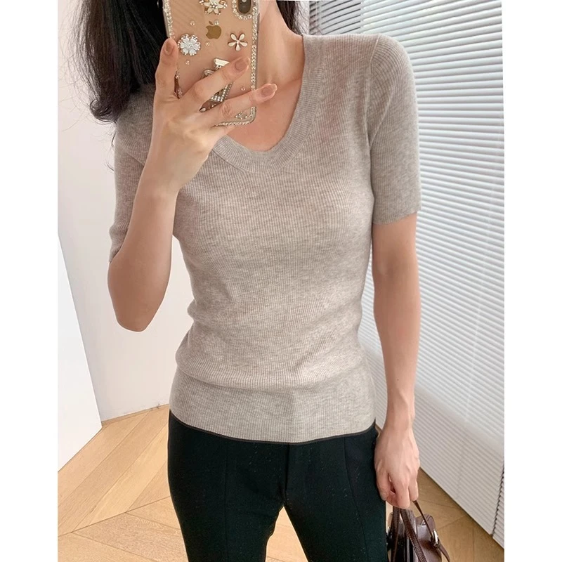 软糯春季羊毛轻薄U领针织短袖T恤女2025新款质感紧身打底透气上衣