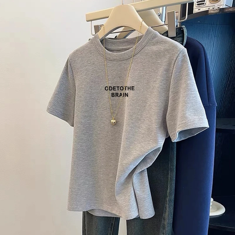 夏季薄款2025年新款正肩纯棉短袖t恤女百搭洋气灰色上衣打底衫潮