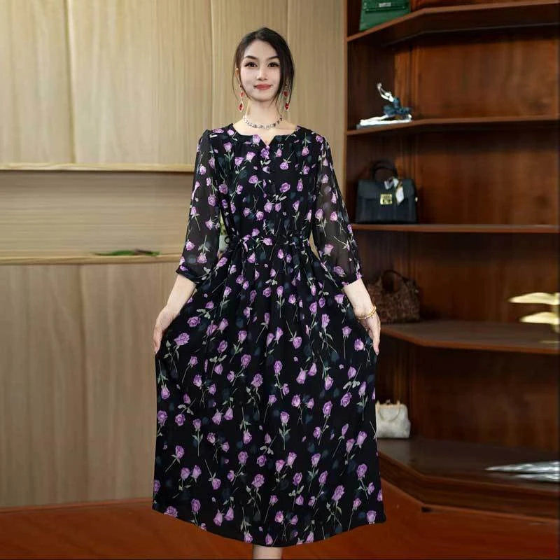 A-049 新款夏季洋气显瘦中长款裙子2025时尚连衣裙休闲气质妈妈