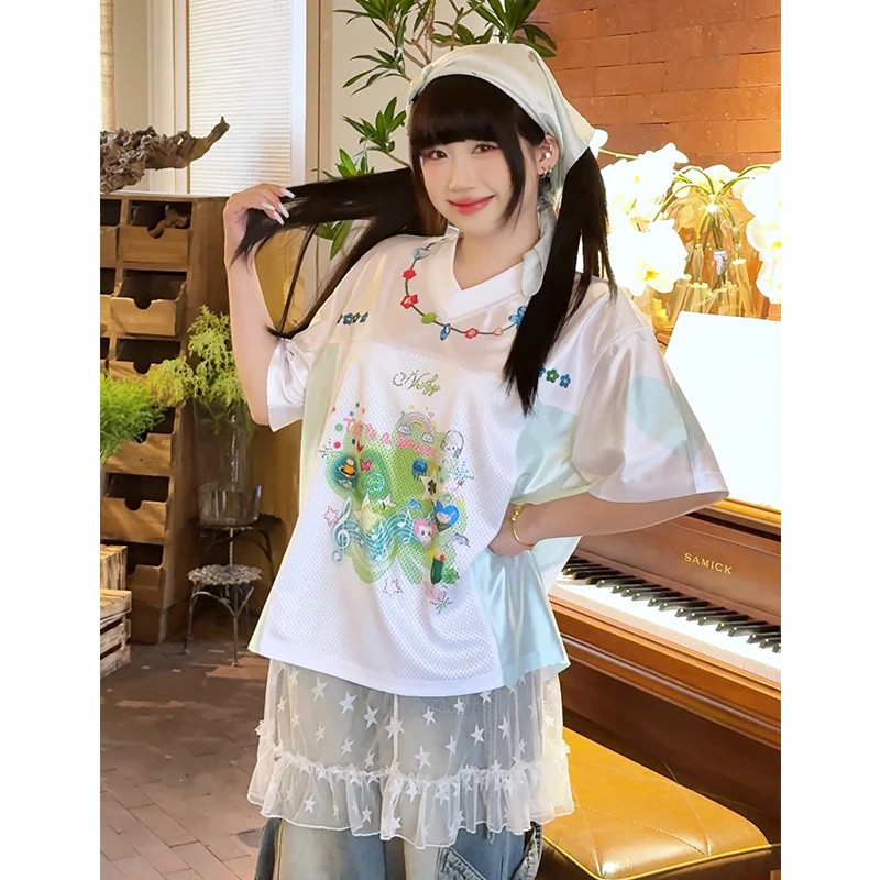 NELY小尼力y2k多巴胺幸运四叶草球衣短袖T恤女项链设计感运动上衣