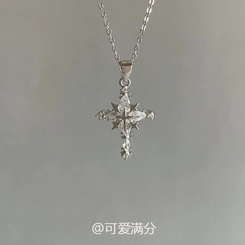 铜合金项链 银爱救赎」清冷感四芒星十字架锆石项链个性锁骨链