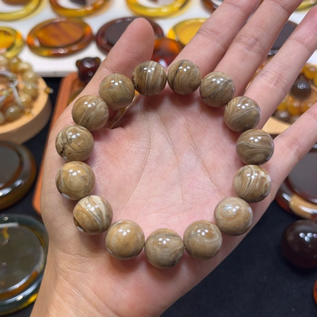 琥珀未镶嵌手镯灰*娘白根手串14mm