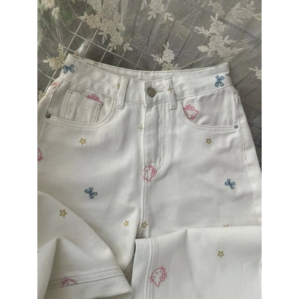 美式刺绣中高腰白色牛仔裤女2025春夏新款kt猫高腰显瘦宽松阔腿裤