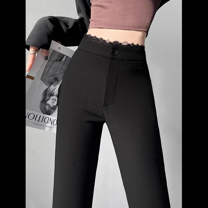 2025新款秋冬季蕾丝拼接玲珑嘛高腰修身微喇裤