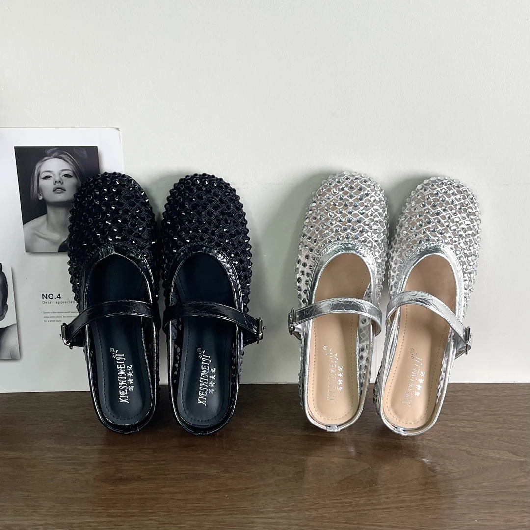 2025新款小众透气缕空外穿水钻圆头凉拖鞋女2025新款百搭包头半托