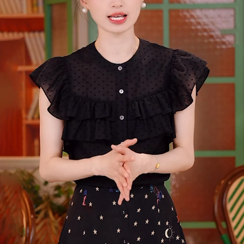 黑色木耳边波点衬衫女士2025夏季新款设计感洋气减龄显瘦立领上衣