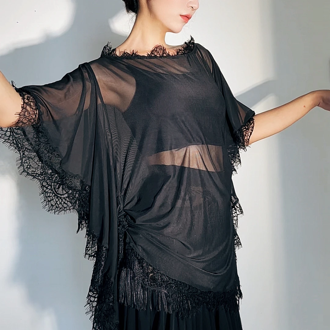 VVDance 拉丁舞服花边蝙蝠袖罩衫