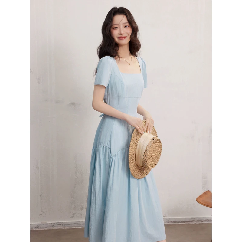 瞌睡兔 法式方领短袖连衣裙女春夏小个子修身气质收腰蓝色A字长裙