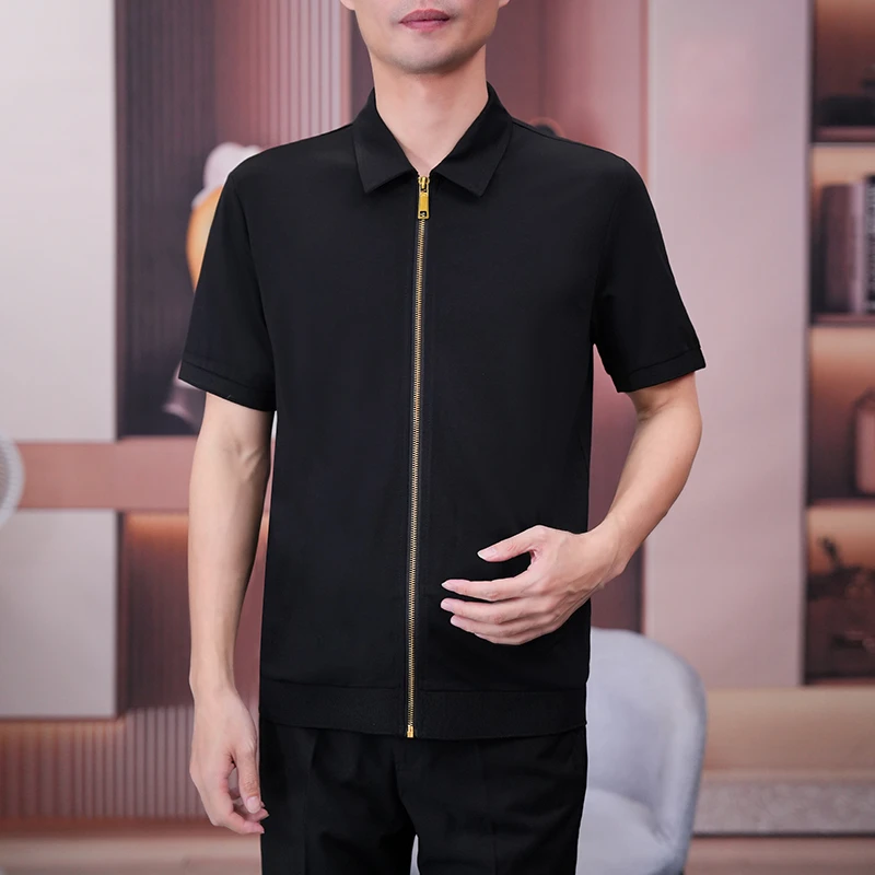 夏季男士中年高品质翻领短袖百搭休闲纯色半袖商务开衫拉链33772