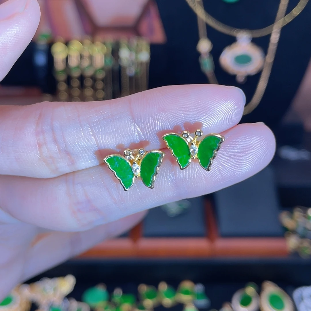 翡翠银S925镀金镶嵌耳饰