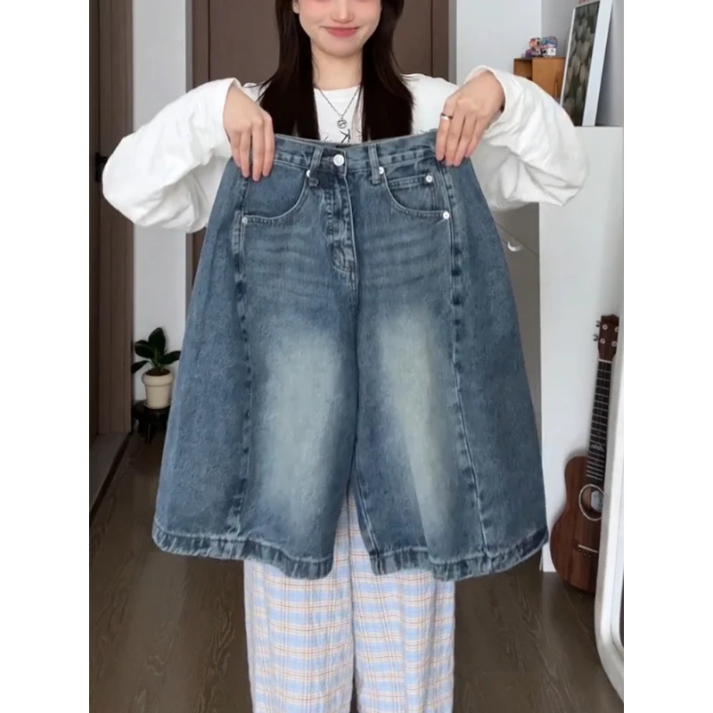 美式复古牛仔七分短裤女夏季新款高街宽松阔腿显瘦百搭直筒中裤子