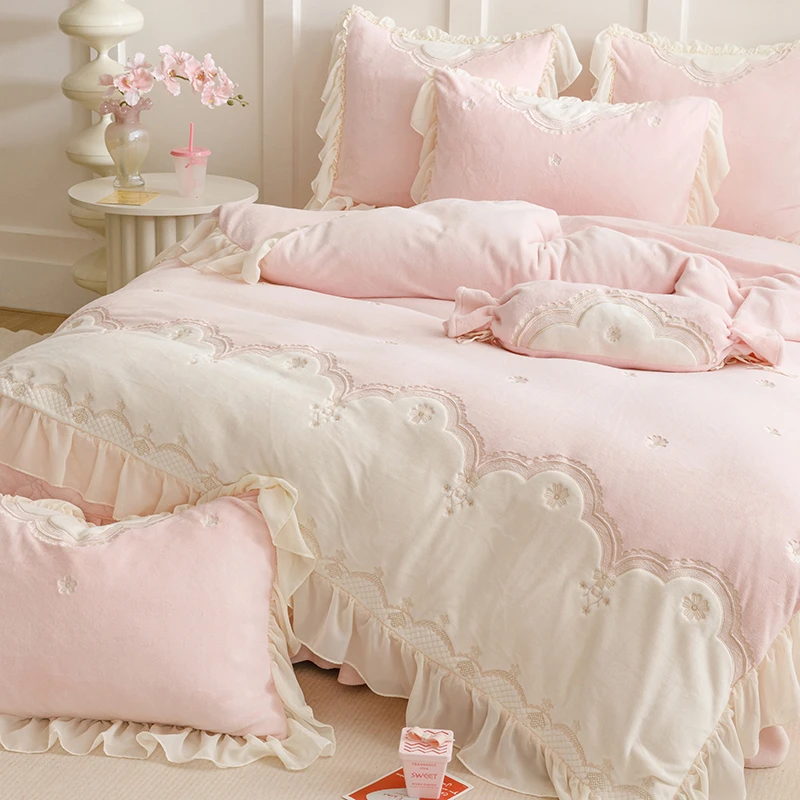 水星高端适用家纺韩式公主风床盖款牛奶绒四件套冬季珊瑚绒法兰绒