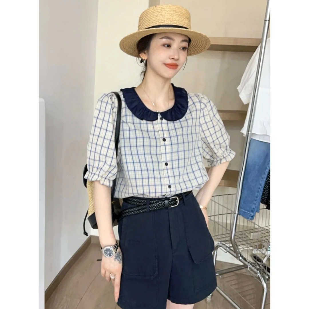 9311撞色格子娃娃领衬衫女欧洲站2025夏装新款欧货女装时尚洋气