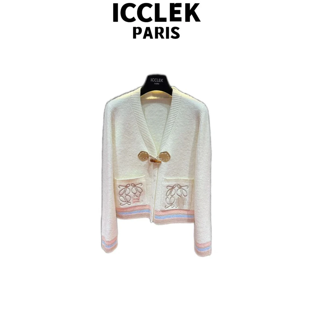 ICCLEK 白色V领拼接撞色针织开衫气质减龄百搭显瘦- 9122