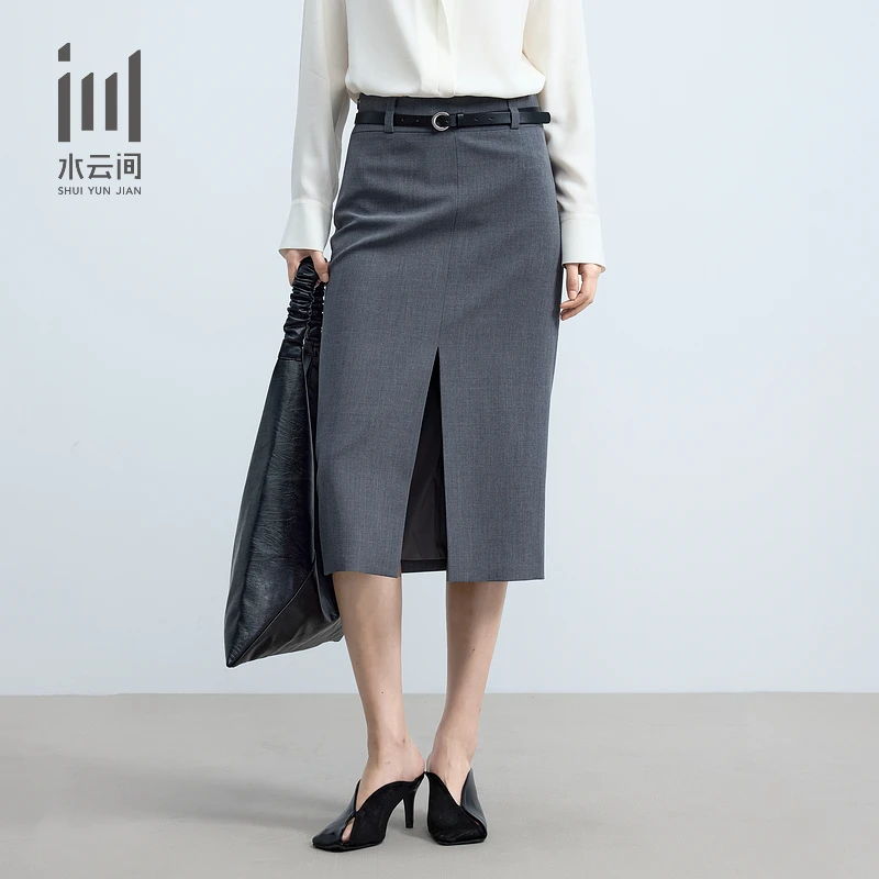 水云间女装高腰开叉显瘦直筒裙半身裙附腰带2025夏新款12520286
