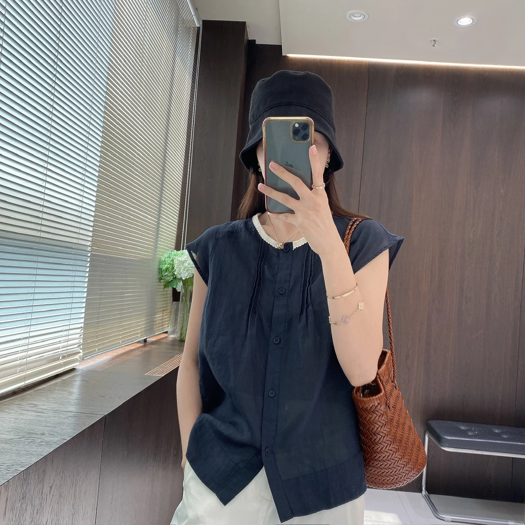 IMFLY金小金自制女装 苎麻衬衫DYW9551设计感圆领洋气无袖小衫