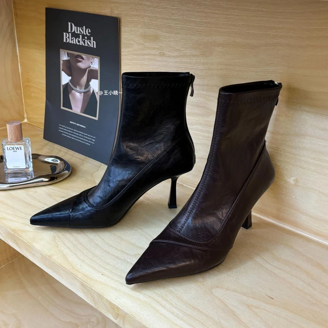 韩版软皮显瘦细跟尖头女靴短筒高跟鞋时装靴后拉链黑色瘦瘦女短靴