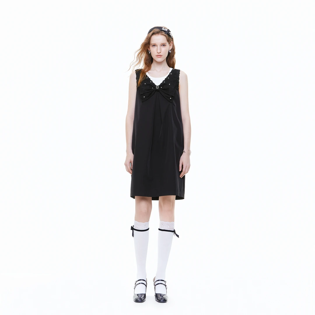 missCOCOON25夏新款蕾丝拼接背心裙黑色连衣裙