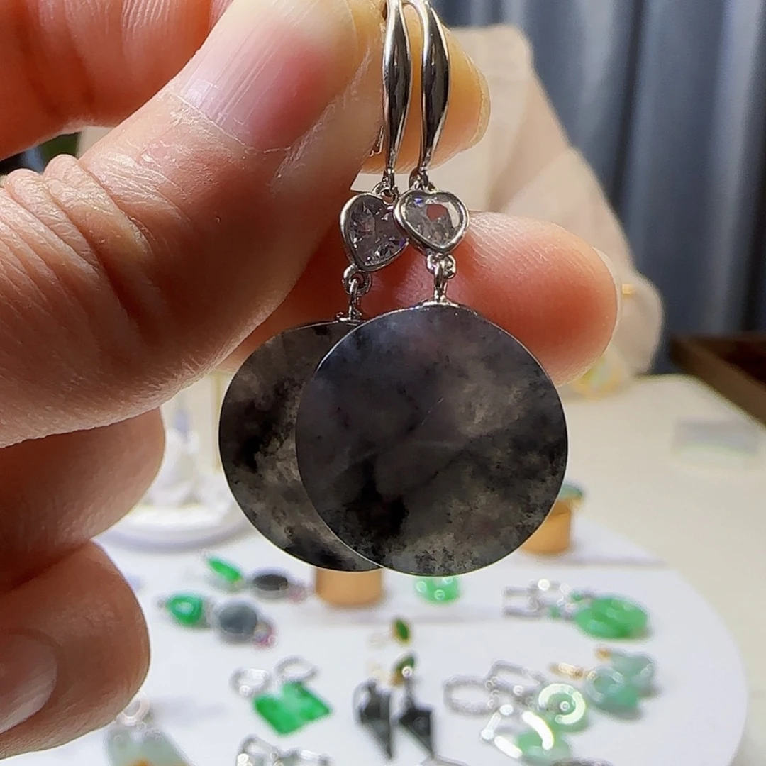 翡翠耳饰银S925镶嵌天然缅甸