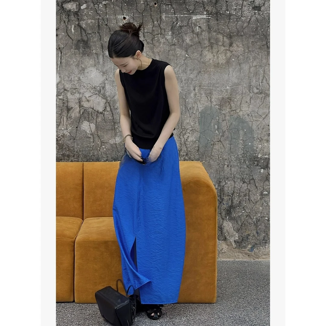 宝藏神群，巨显瘦！蓝宝石高智风混纺立体剪裁前开叉显瘦花苞半身裙