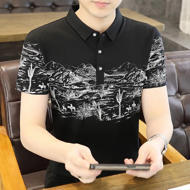 高档POLO衫男士翻领短袖夏季新款时尚印花百度潮流帅气男休闲上衣