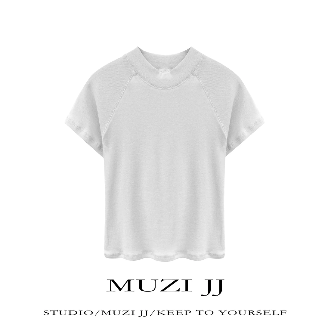 MUZI韩系极简时尚气质净色圆领修身短袖T恤5735