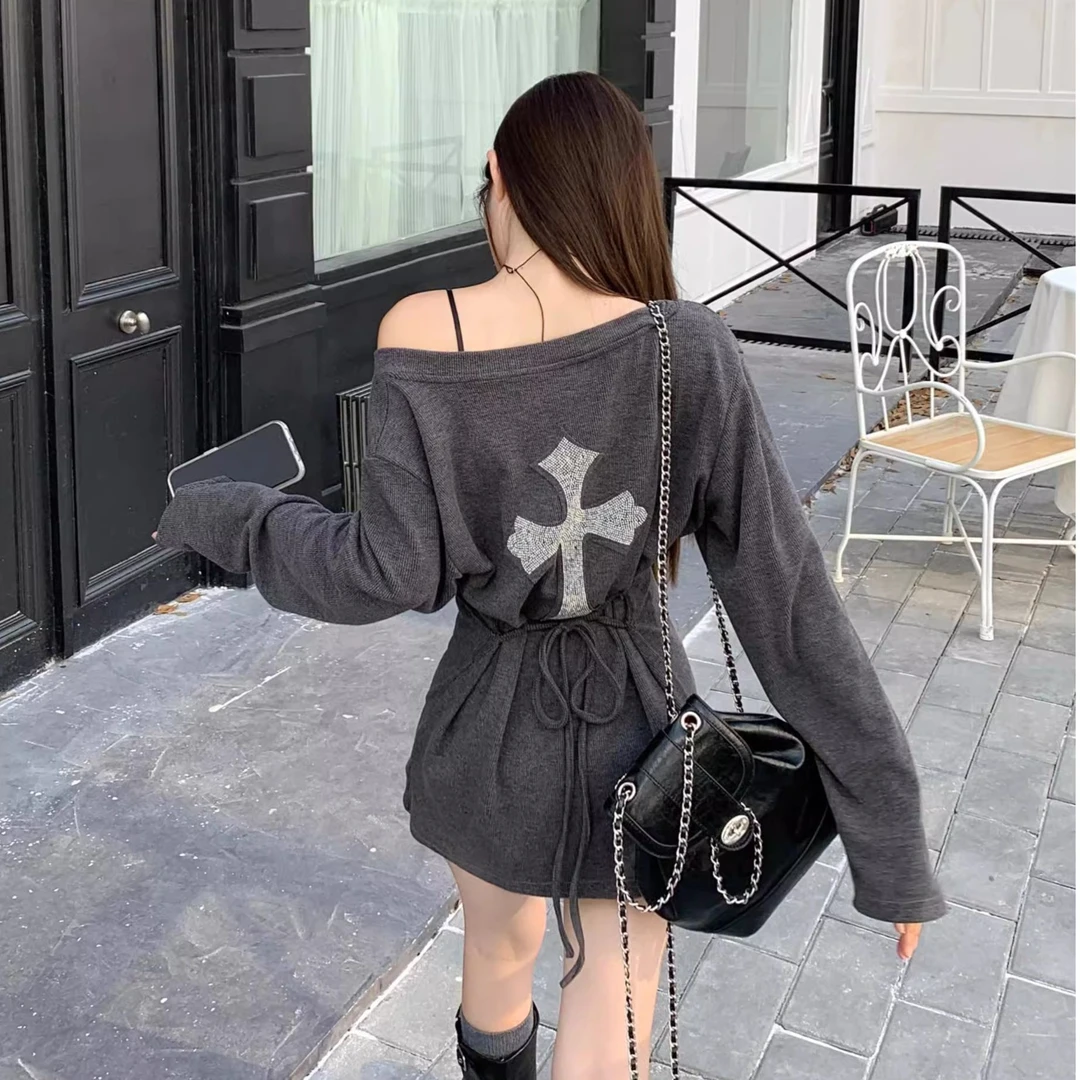 pinkmoon||辣妹十字架连衣裙女春秋显瘦纯欲长袖上衣收腰包臀裙