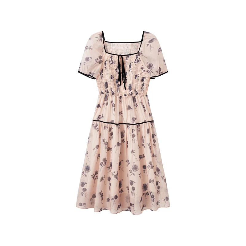 【达人专属】收腰泡泡袖花朵连衣裙S6158