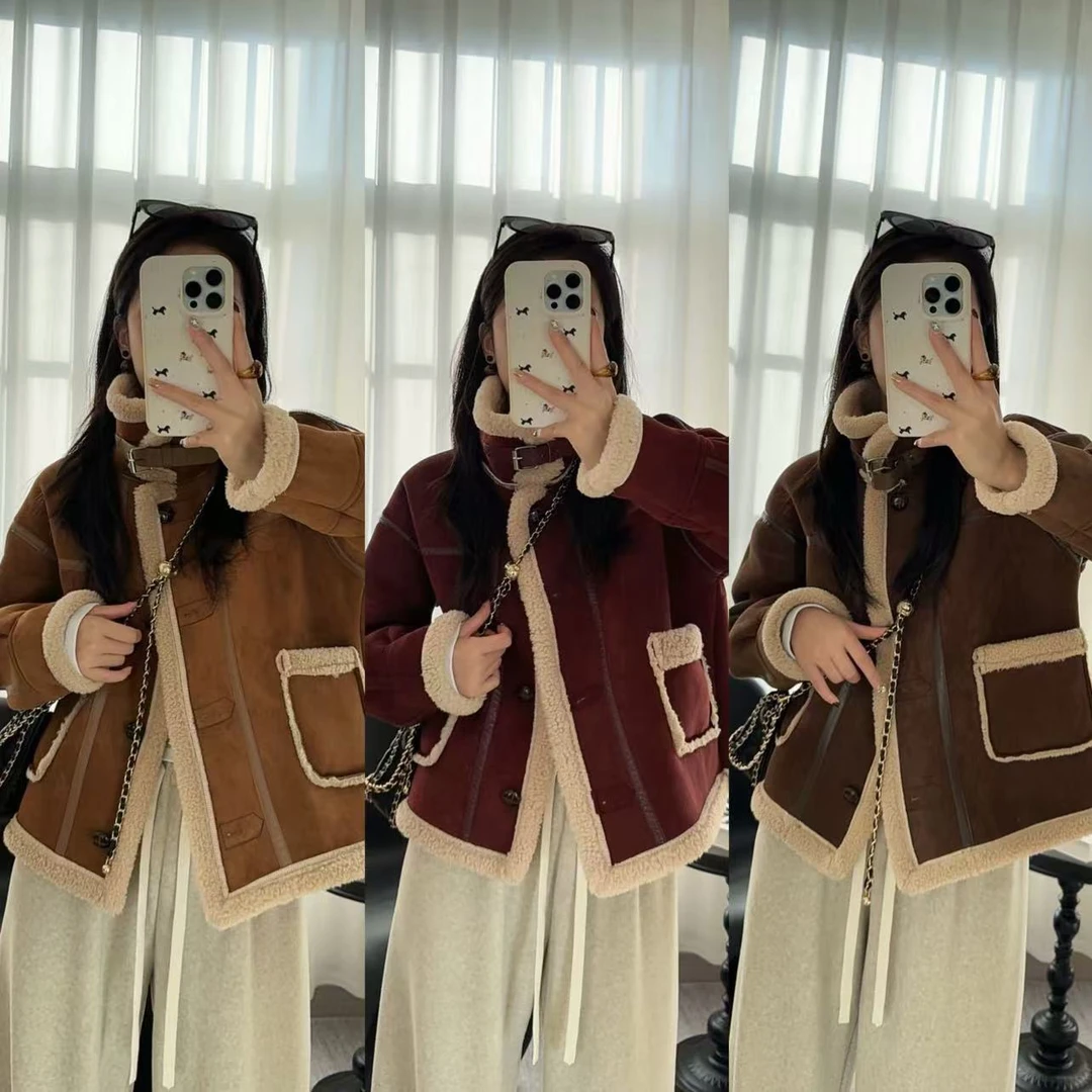 【37】立领系带机服加厚皮毛一体短外套女装秋冬2024新款