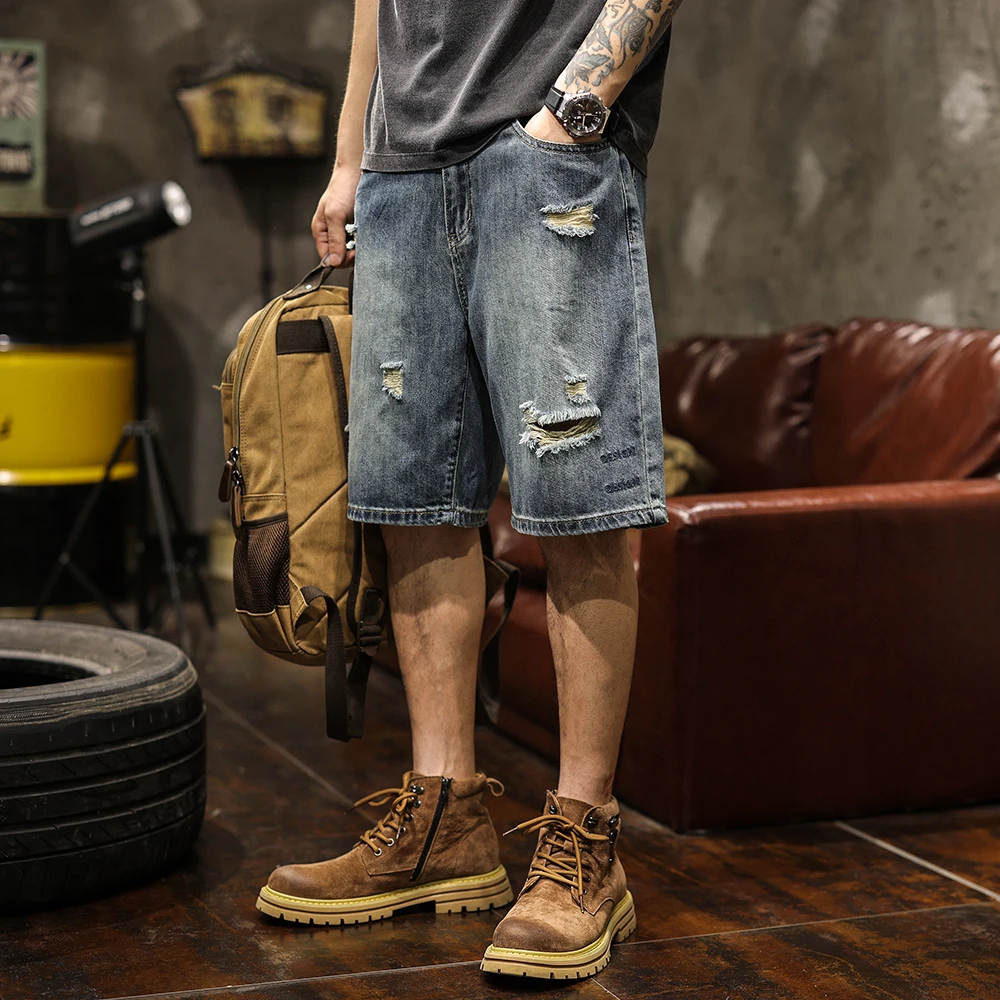 破洞牛仔短裤男宽松大码美式休闲潮牌复古水洗中裤夏季薄款五分裤