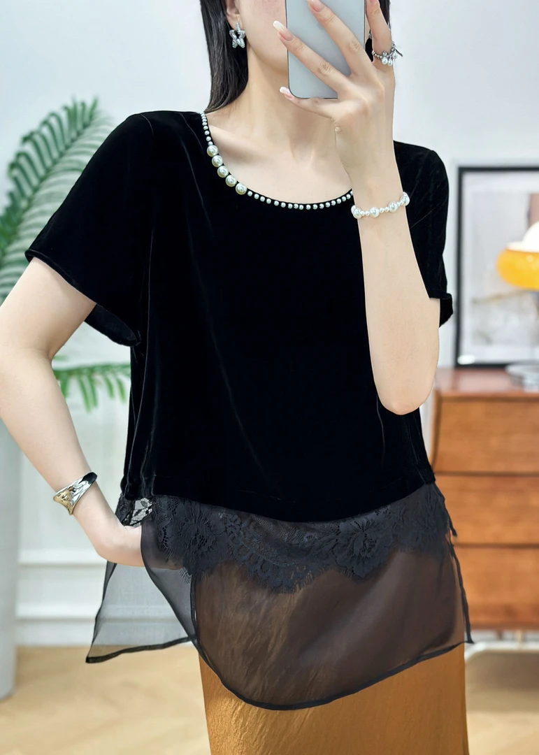 优雅名媛风领口珍珠+欧根纱下摆100%桑蚕丝真丝丝绒上衣夏季洋气