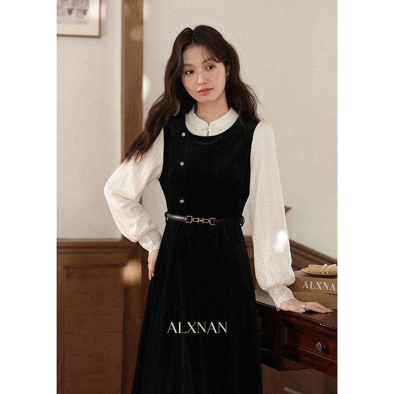 鹿向南「花千语」新中式轻奢撞色拼接假两件连衣裙女秋优雅气质长裙