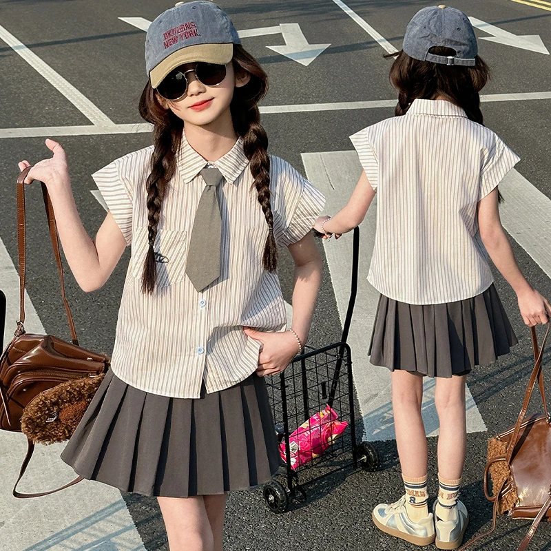 女童学院风jk百褶裙套装夏季2025新款中大童时尚条纹无袖衬衫夏款