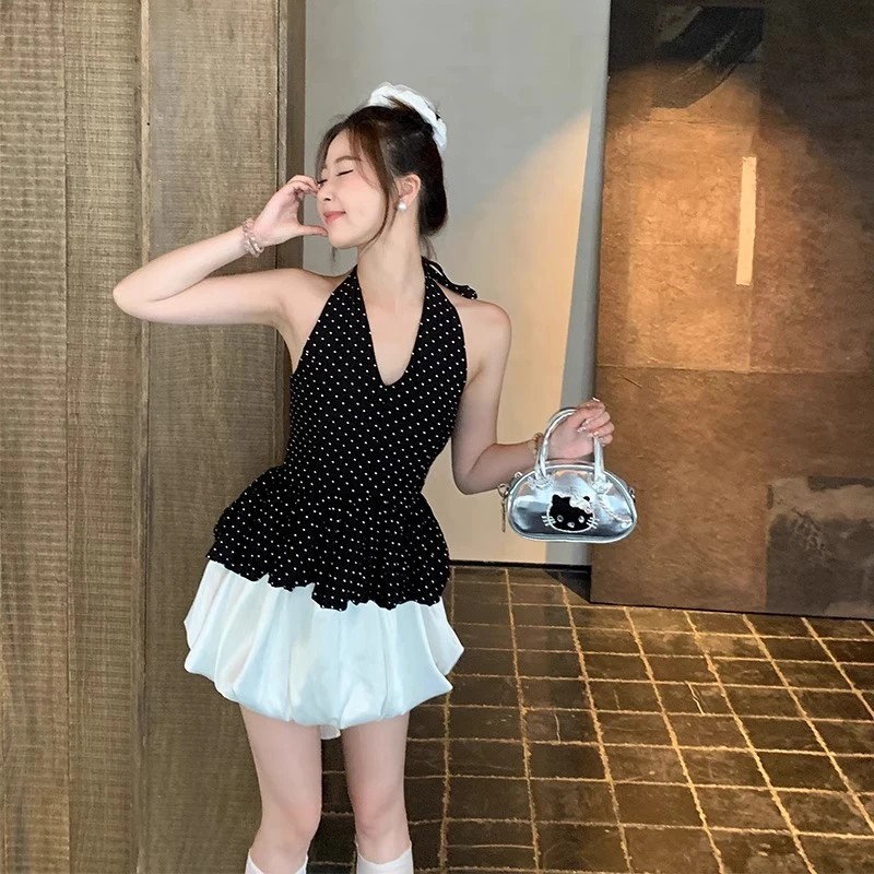 黑色波点吊带背心女夏外穿无袖修身显瘦2025新款挂脖上衣高级感