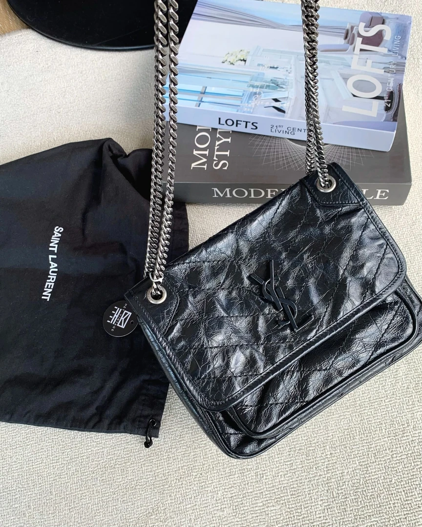 95新 YSL/圣罗兰 老款黑银小号niki斜挎包 22cm 17295594
