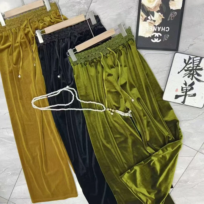 【大碗】微丝滑垂坠感真丝丝绒松紧腰休闲百搭阔腿裤气质直筒裤