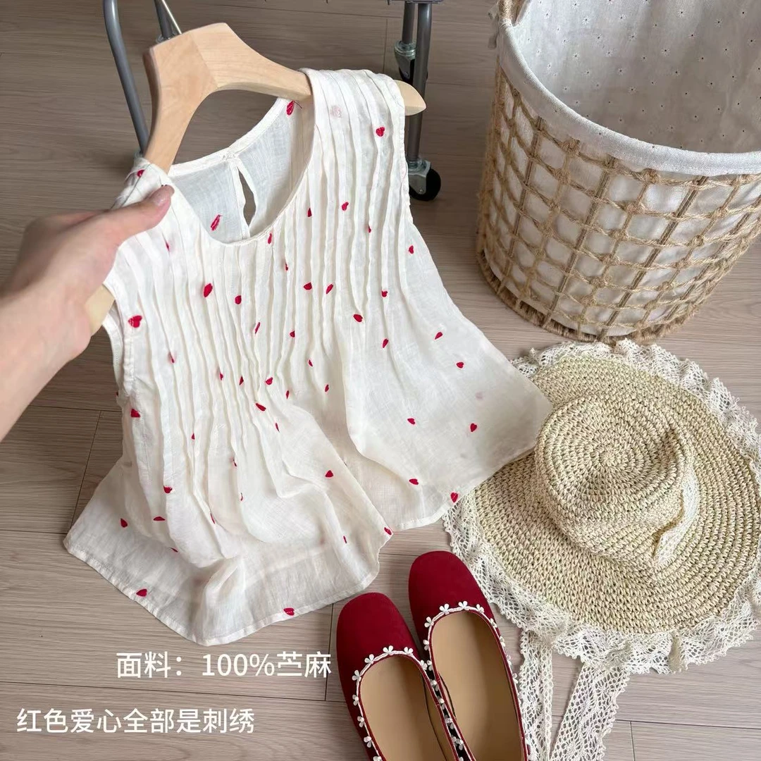 小柒家A0344-夏季超仙奶白色爱心刺绣苎麻薄款打褶设计感衬衫