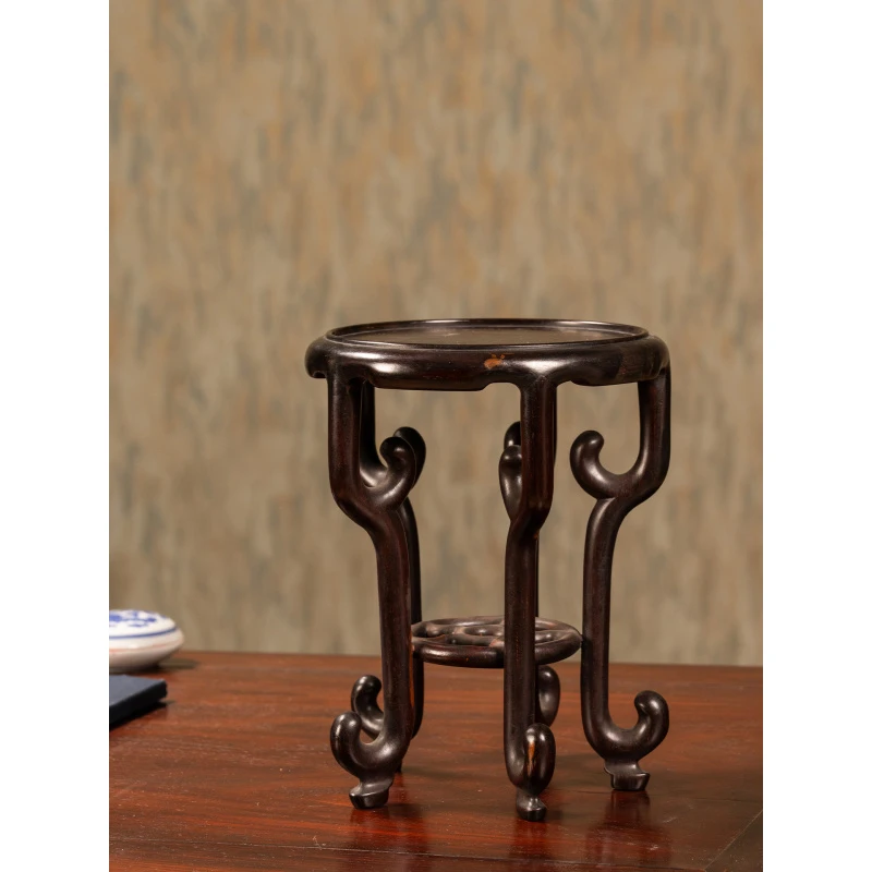 清红木三弯腿五足圆花几摆件古董收藏