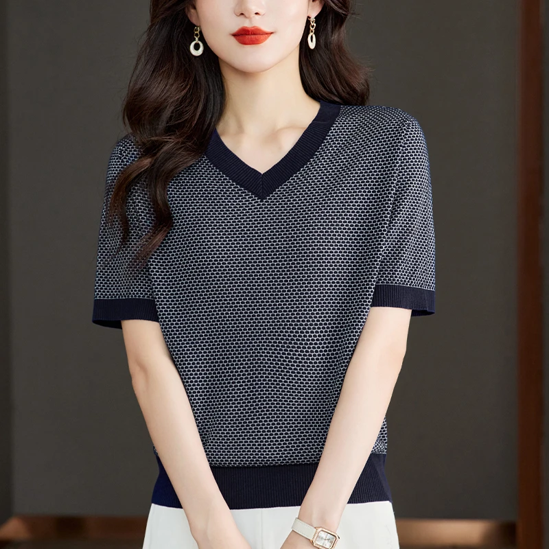 夏装大码V领针织衫女宽松遮肚子显瘦上衣洋气百搭薄款冰丝短袖T恤