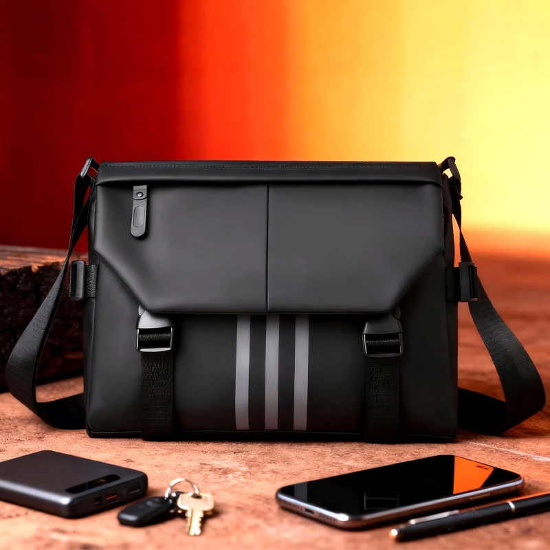 时尚男士斜挎邮差包休闲百搭单肩包通勤轻便包盖式插扣防盗潮包袋