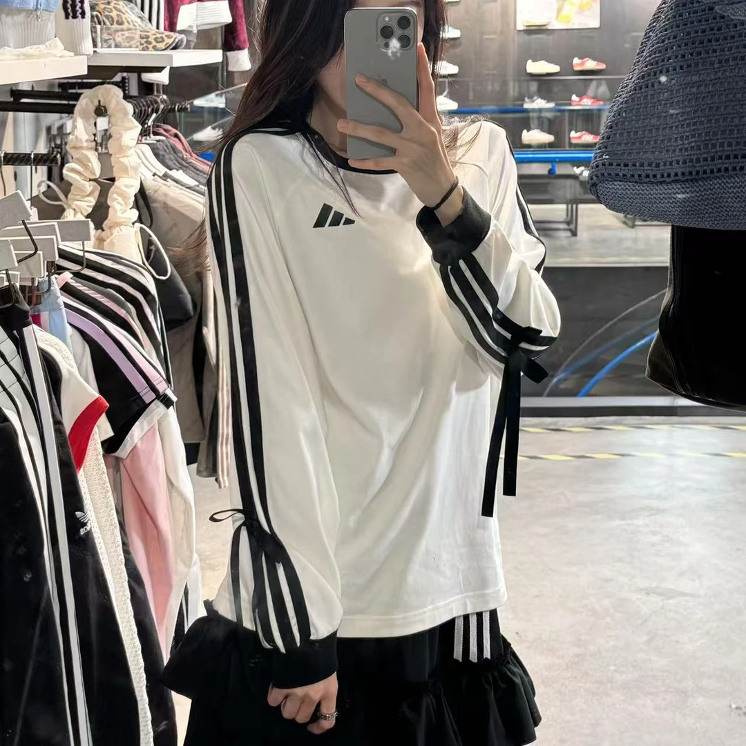 adidas 秋季经典三条纹长袖可拆卸蝴蝶结长袖T恤 KG3859