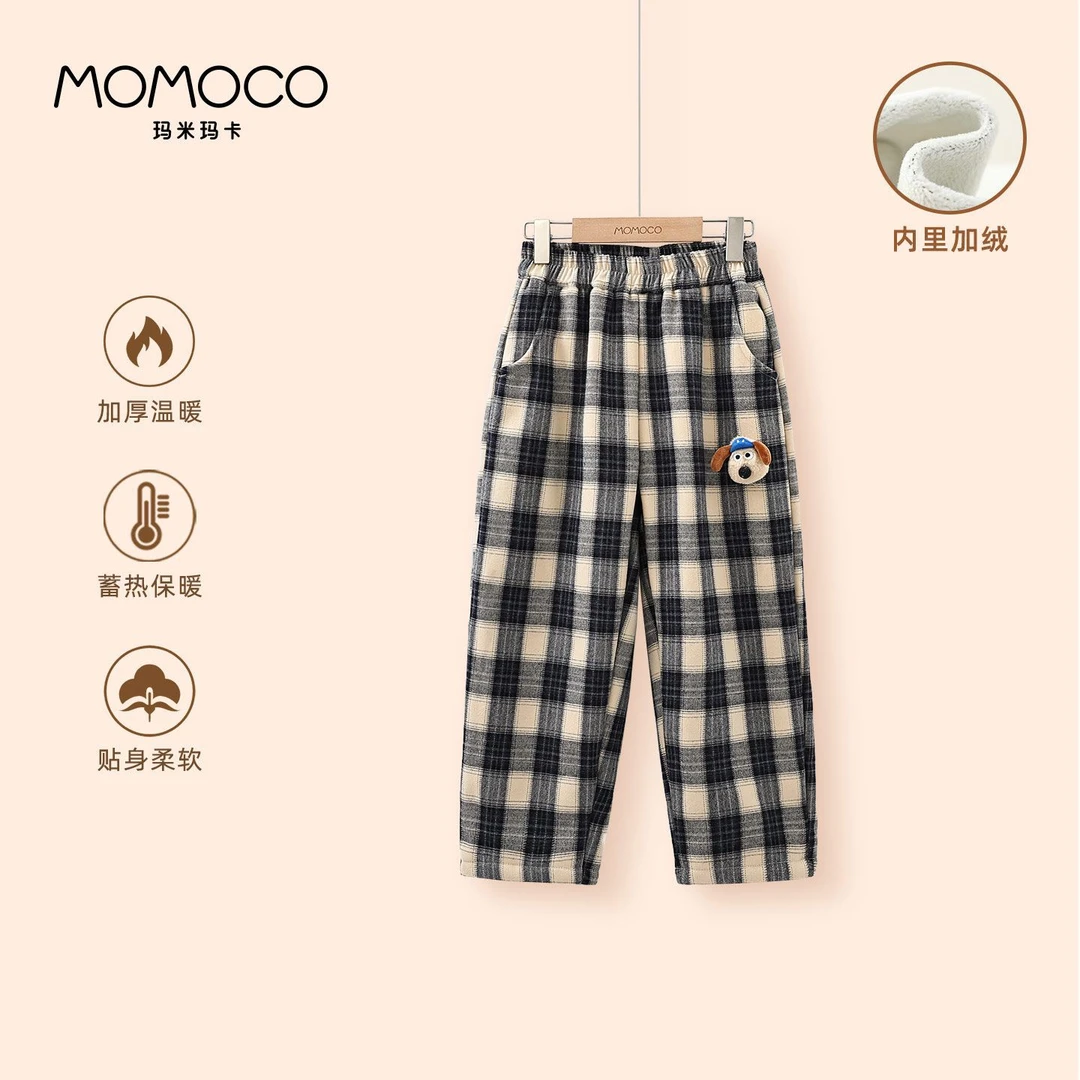 MOMOCO冬季男童加绒舒适洋气百搭休闲格子裤子77430354008