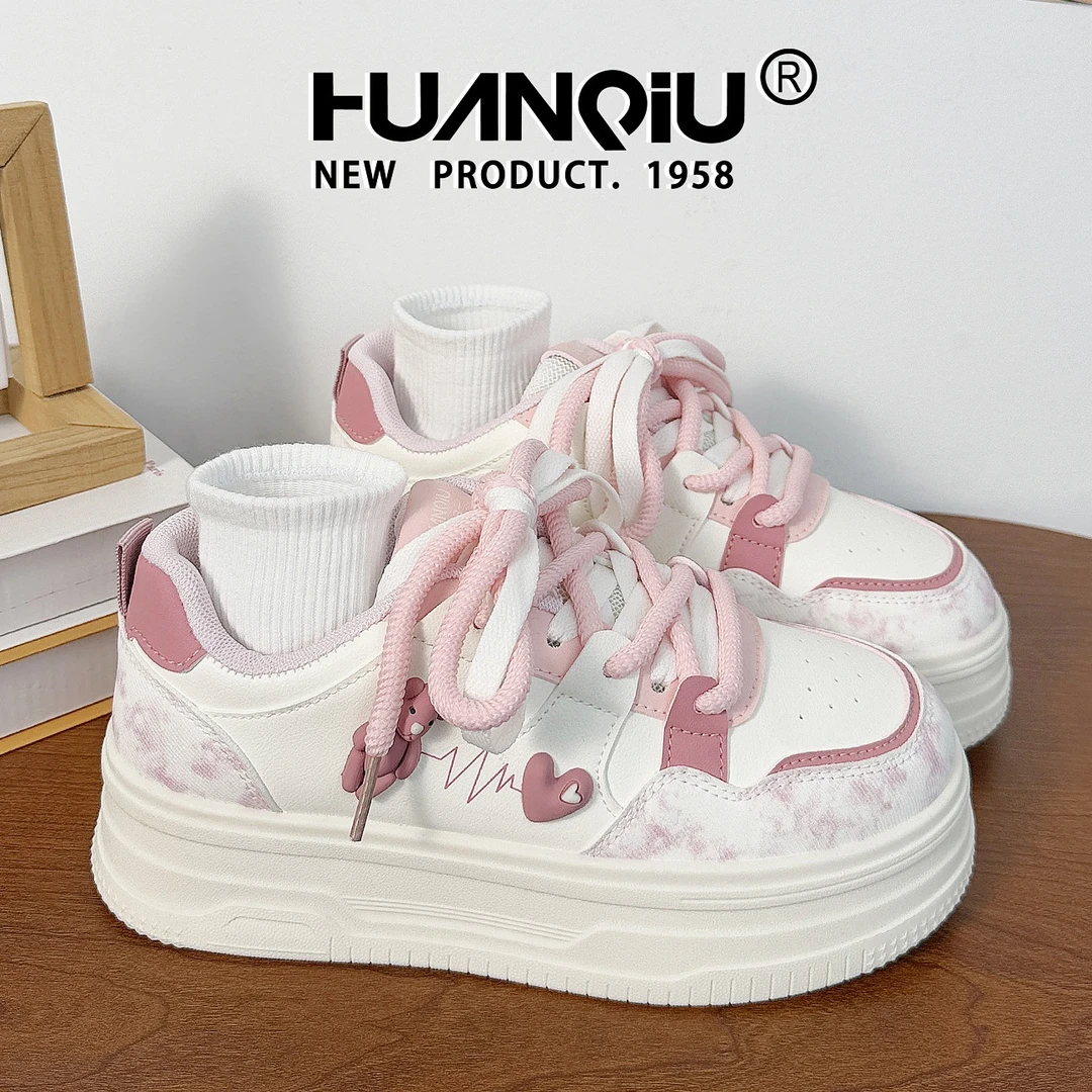 环球厚底面包粉色小白鞋女款2025新款春季chic小众百搭校园风板鞋
