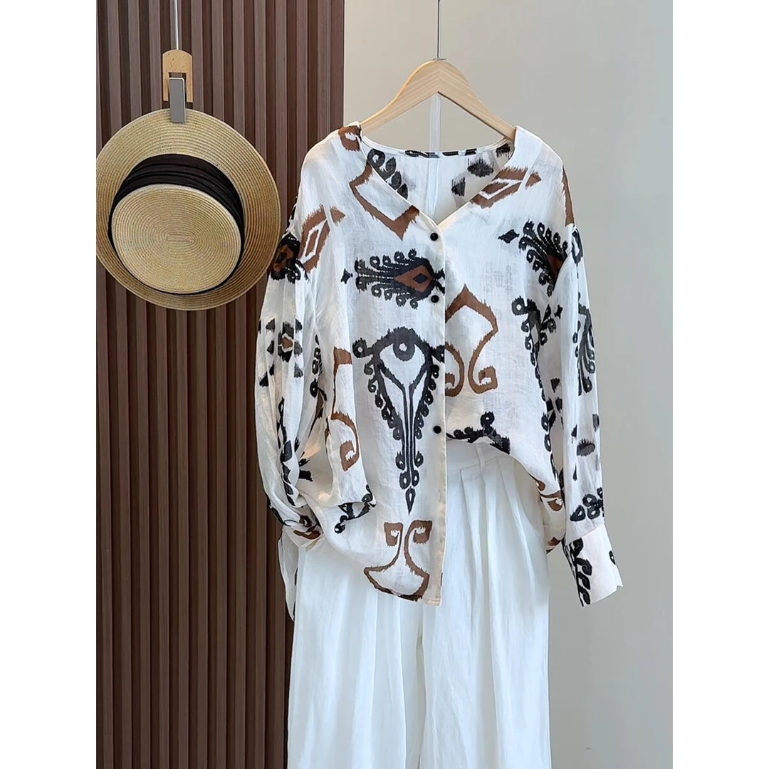 100苎麻！夏季文艺复古印花衬衫宽松慵懒风苎麻慵懒感小衫女