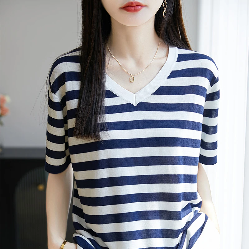 哥弟阿玛施正品夏季时尚V领拼色条纹薄款T恤气质百搭短袖针织衫女