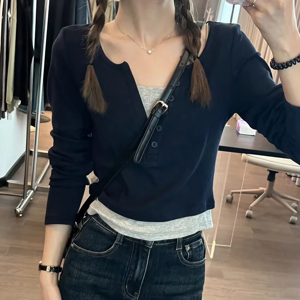 小众韩版假两件上衣修身显瘦8021429