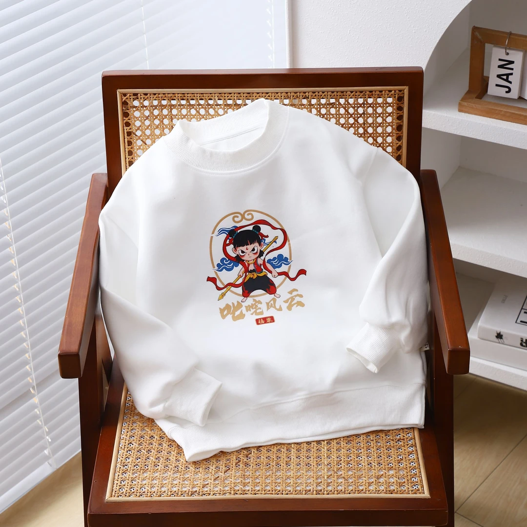 新款哪吒儿童女童春秋长袖白色男童宽松中大童印花圆领国潮秋季