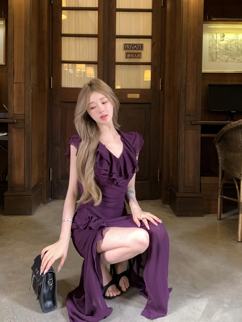 紫色V领荷叶边连衣裙女夏季不规则小众开叉修身显瘦长裙
