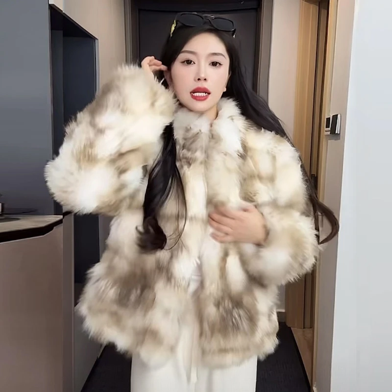 5werkwen 霜华映月 双色高级感气质仿狐狸坎毛立领环保皮草外套